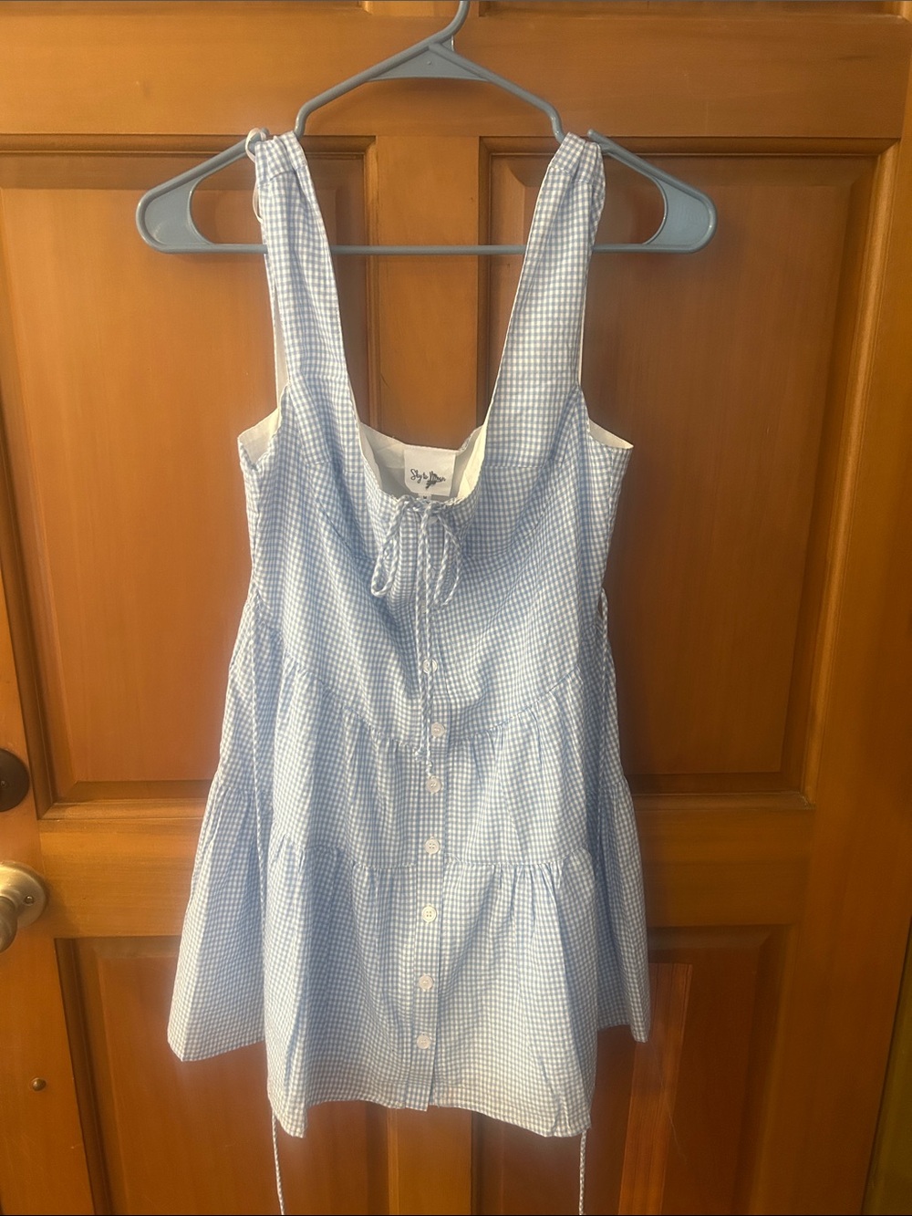 Gingham Tie-Front Mini Dress in Light Blue